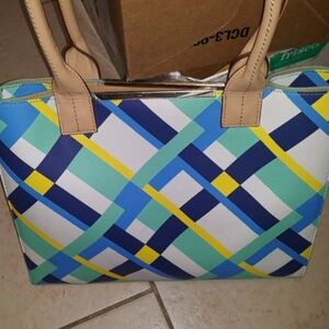 KATE LANDRY Blue Yellow Teal Geometric Print Tote NEW Cute